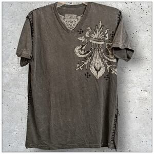 Vintage Affliction RAW STATE Fleur de Lis Wings Gray Shirt Black Stitch Detail M